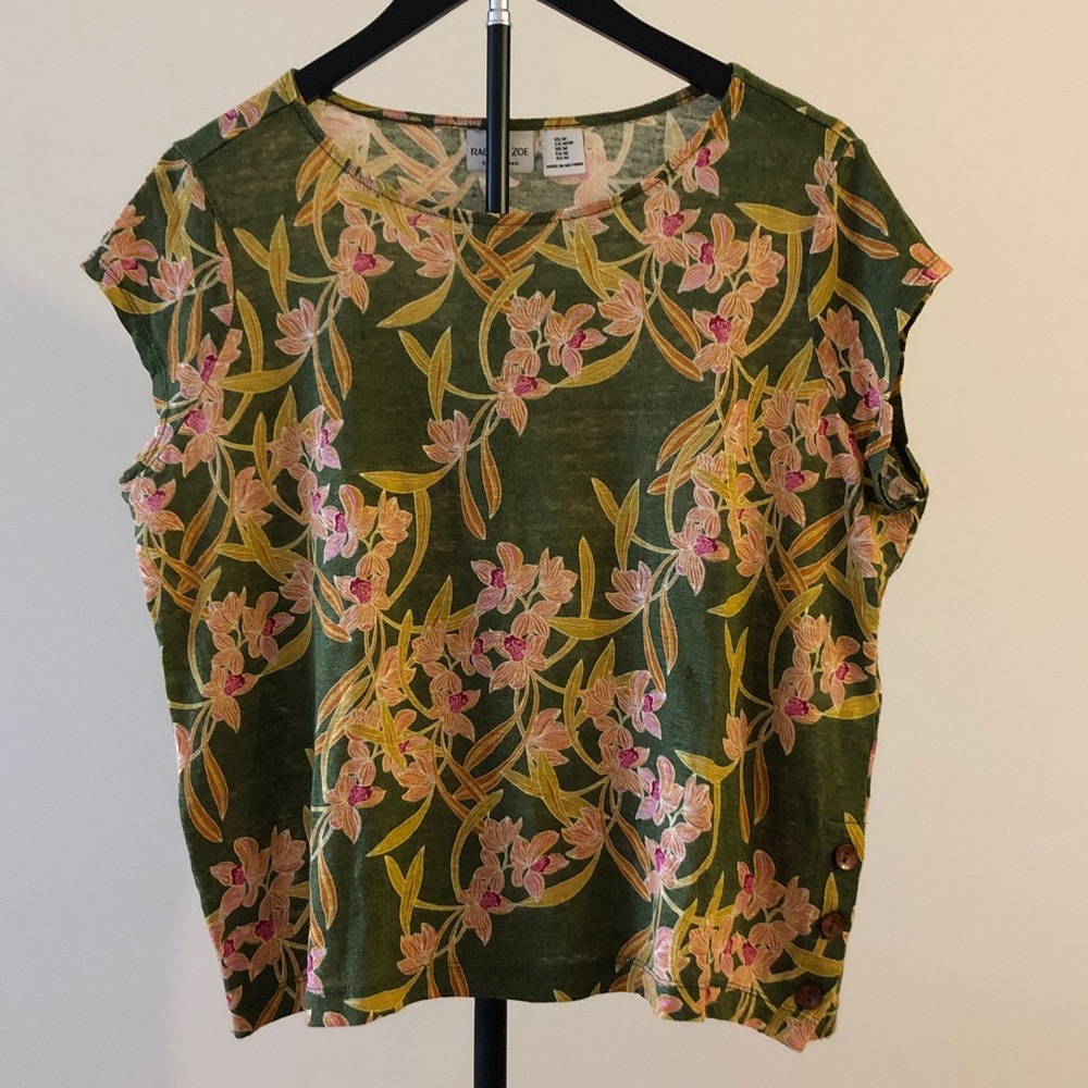 RACHEL ZOE 100% Linen Top Green Floral Round Neck Pullover Wooden Buttons Size M